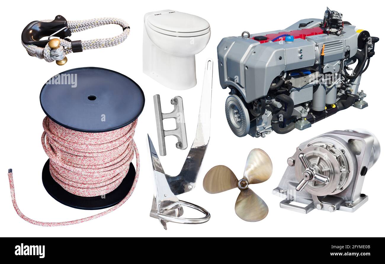 Yacht parts and supplies collage isolated at white background Stock