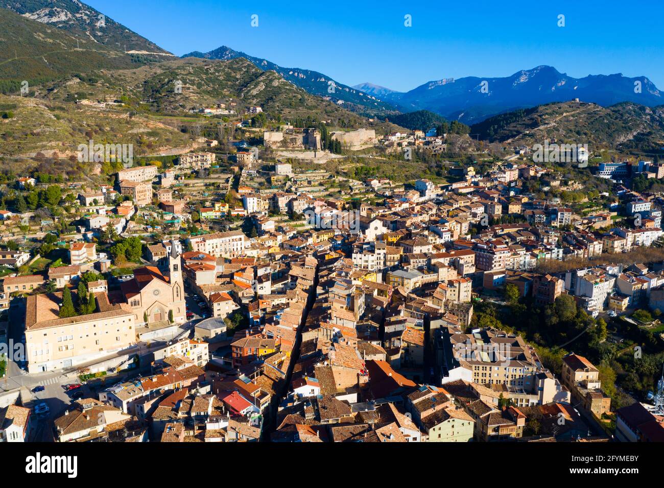 top view of landscape with buildings and mountains in Berga in Spain Stock Photo