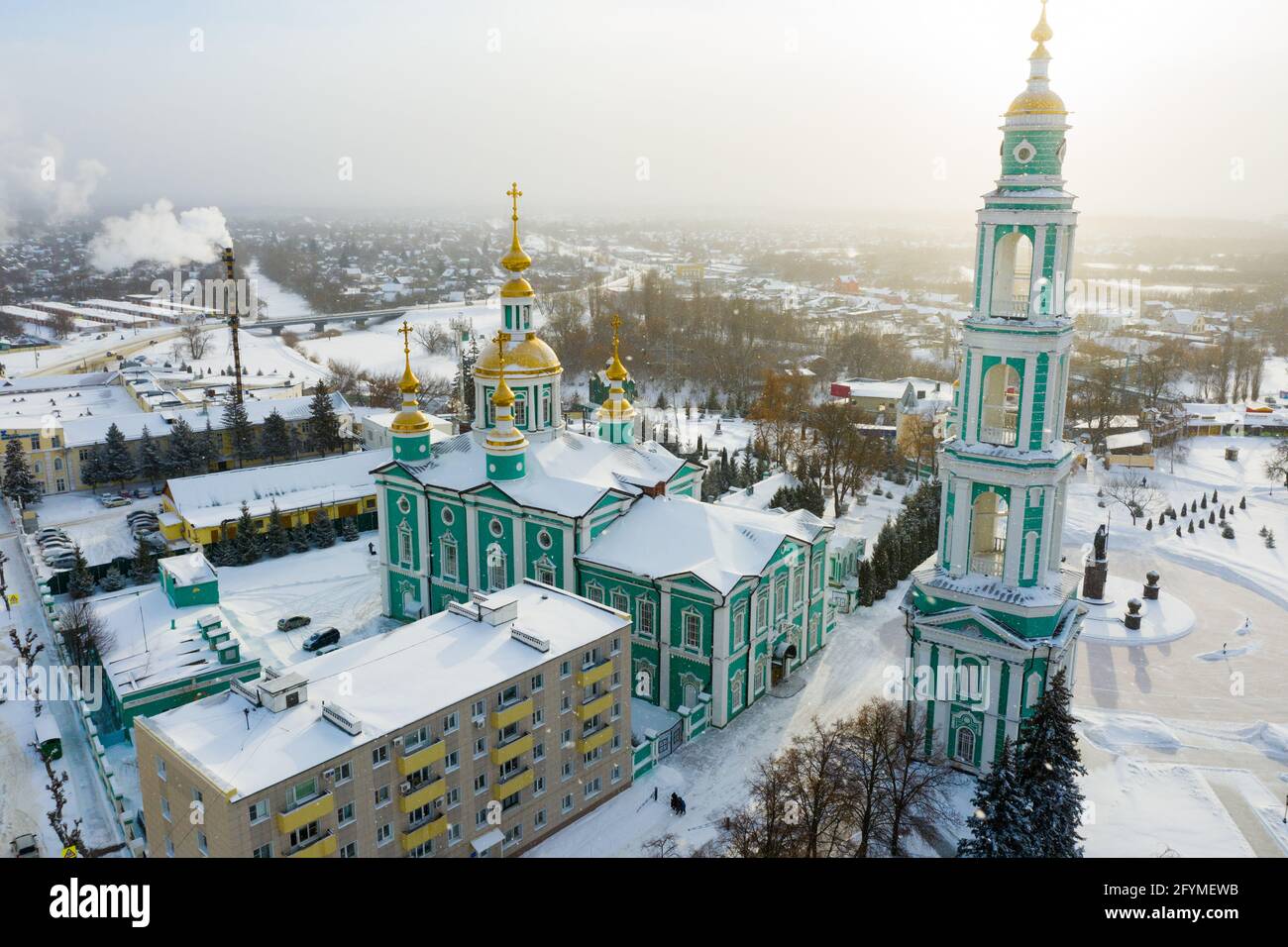 Winter aerial view of Tambov cityscape and Orthodox Transfiguration Cathedral covered with snow, Russia Stock Photo