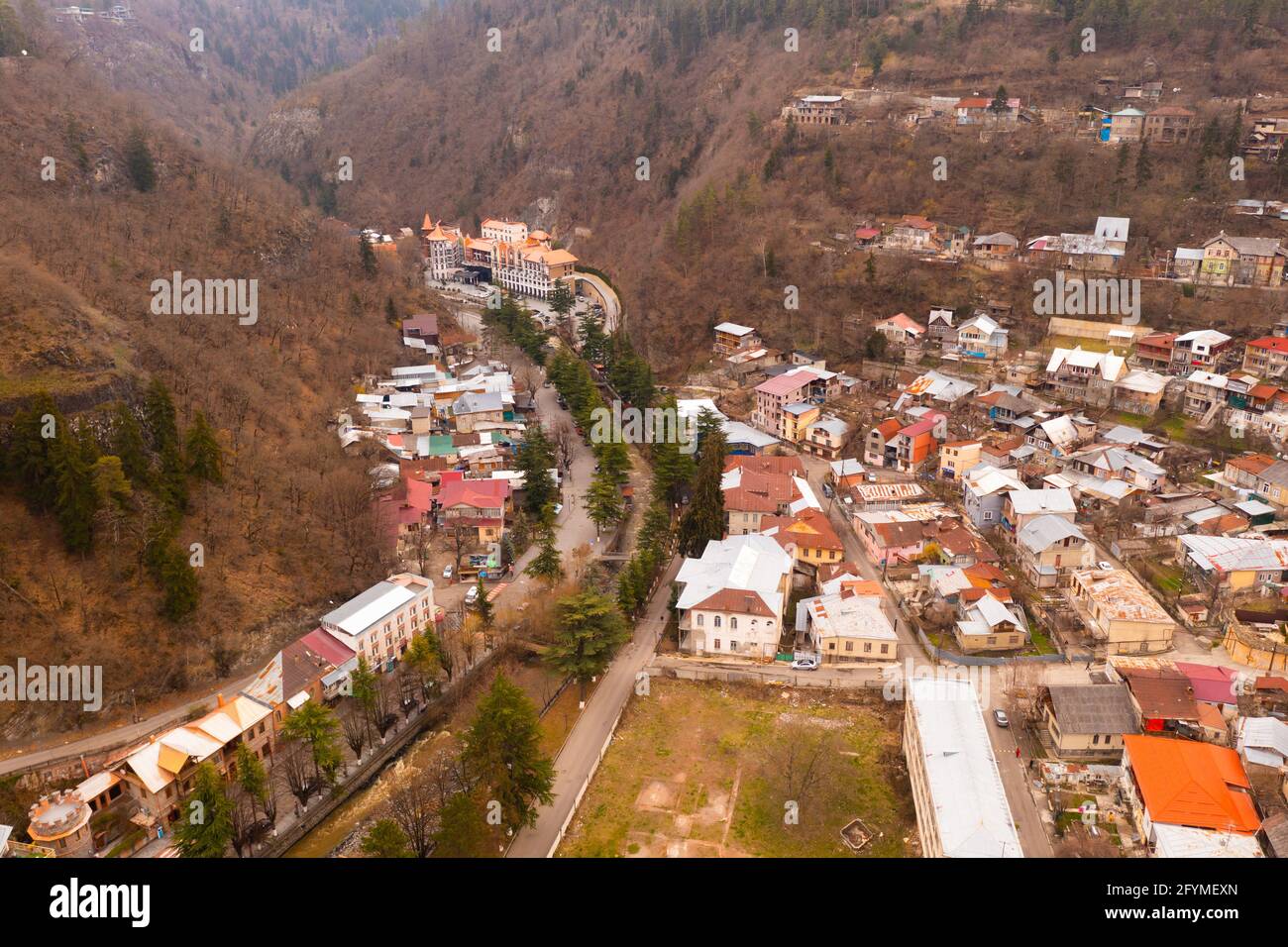 Aerial view of the resort town of Borjomi in center of located in the Borjomi