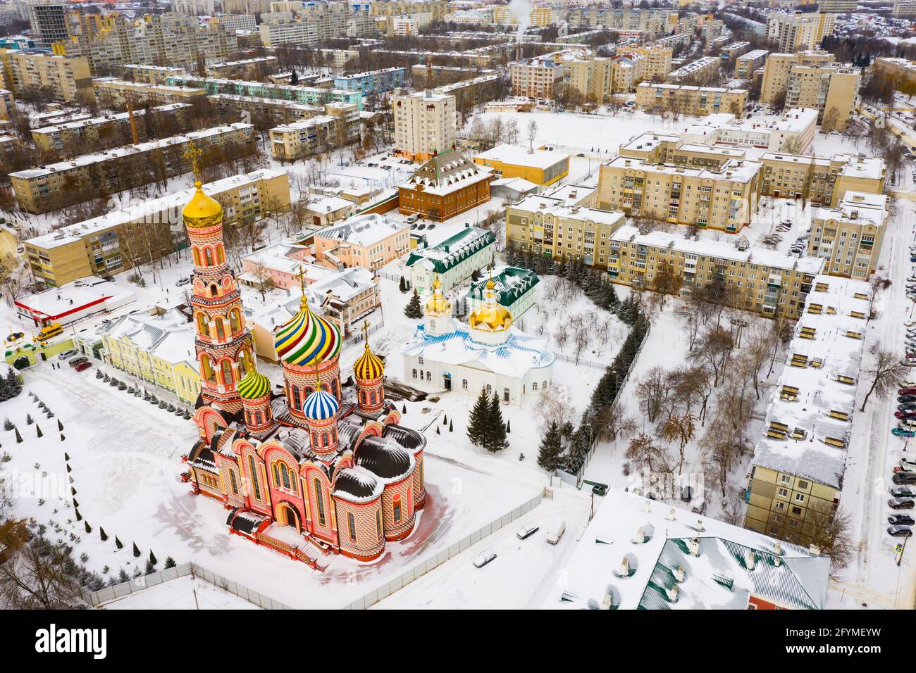 Top view of the Ascension monastery and residential areas in winter in the city of Tambov. Stock Photo