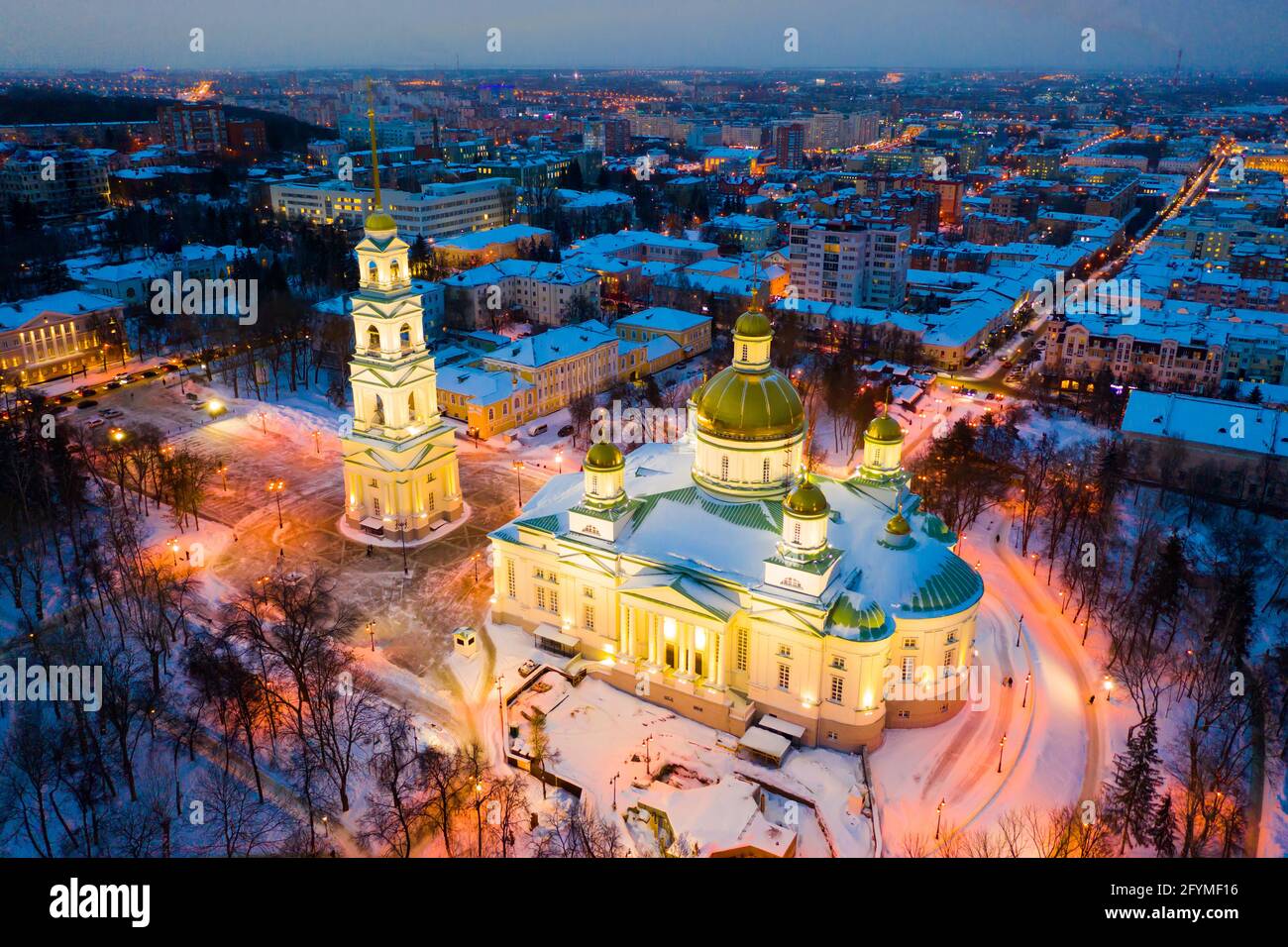 Evening view from above of the Spassky Cathedral in winter in Penza, Russia. Stock Photo