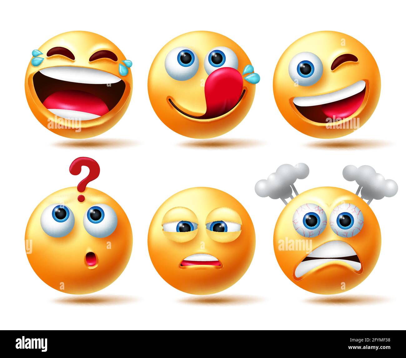 Smileys emoticon vector set. Emoticons 3d smiley characters in laughing, thinking and yummy expressions for emoticons character emotion collection. Stock Vector