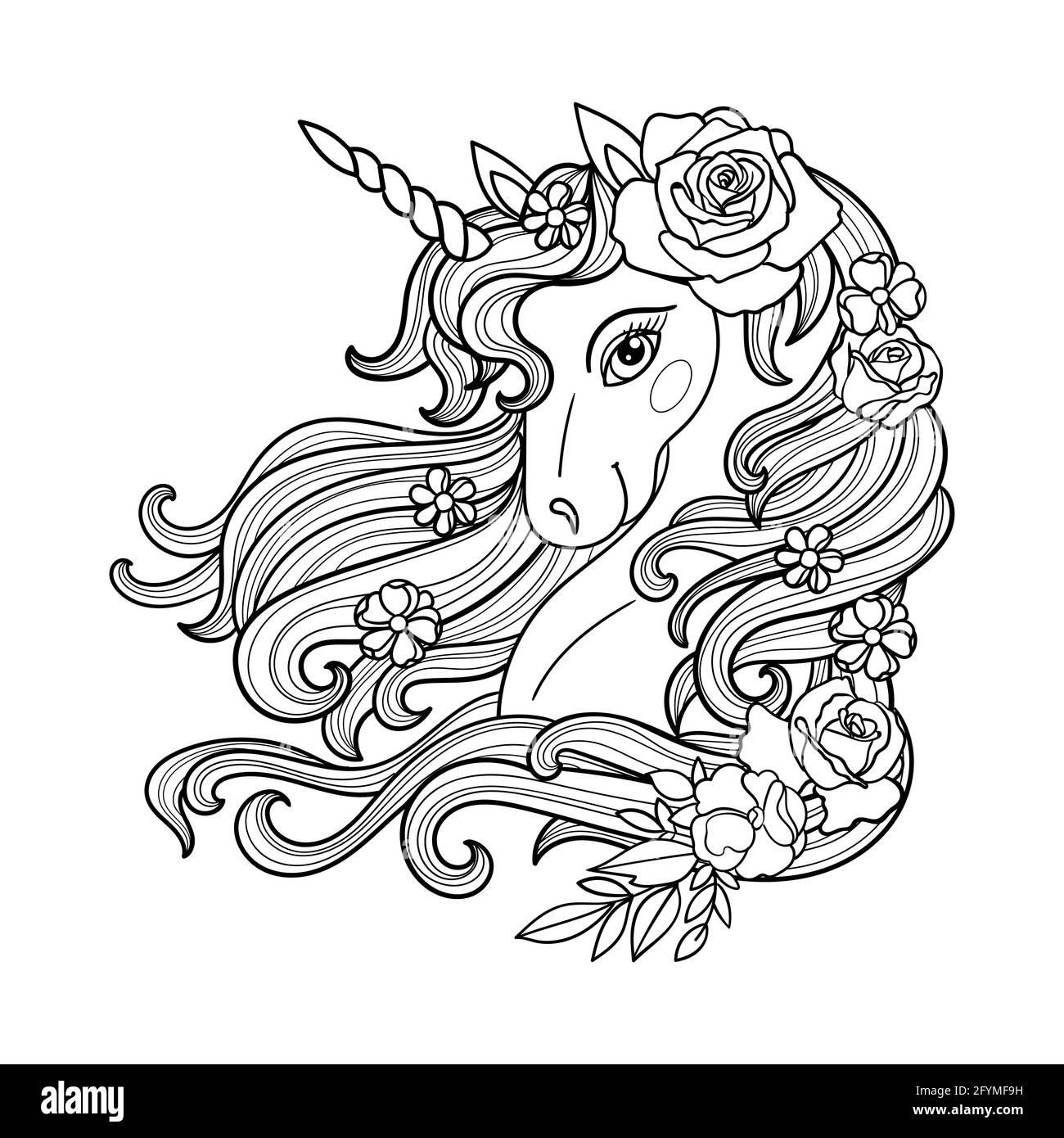 The head of a unicorn with a long mane. Black and white linear drawing. Vector Stock Vector