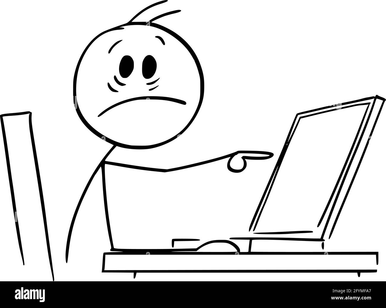 Shocked Person Working in Office and Pointing at Computer Display, Vector Cartoon Stick Figure Illustration Stock Vector