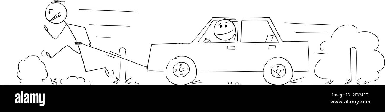 Man Running on Road and Pulling Broken Car, Vector Cartoon Stick Figure Illustration Stock Vector