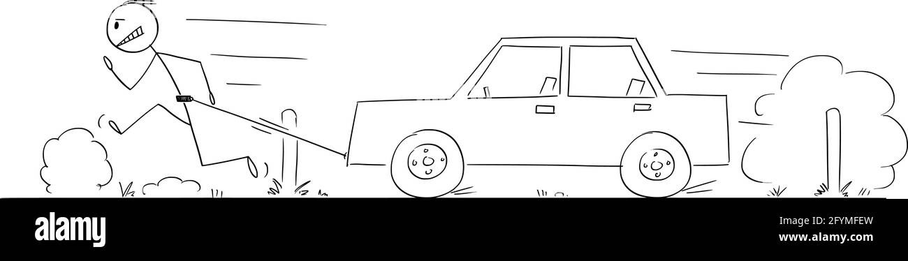 Man Running on Road and Pulling Broken Car, Vector Cartoon Stick Figure Illustration Stock Vector