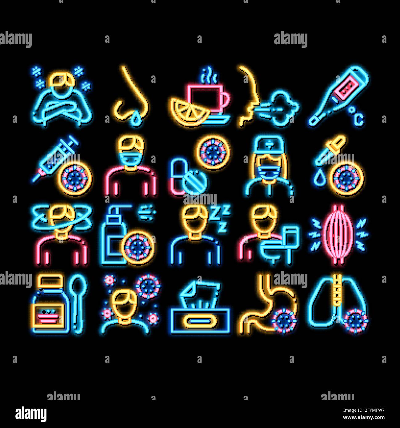 Flu Symptoms Medical neon glow icon illustration Stock Vector Image