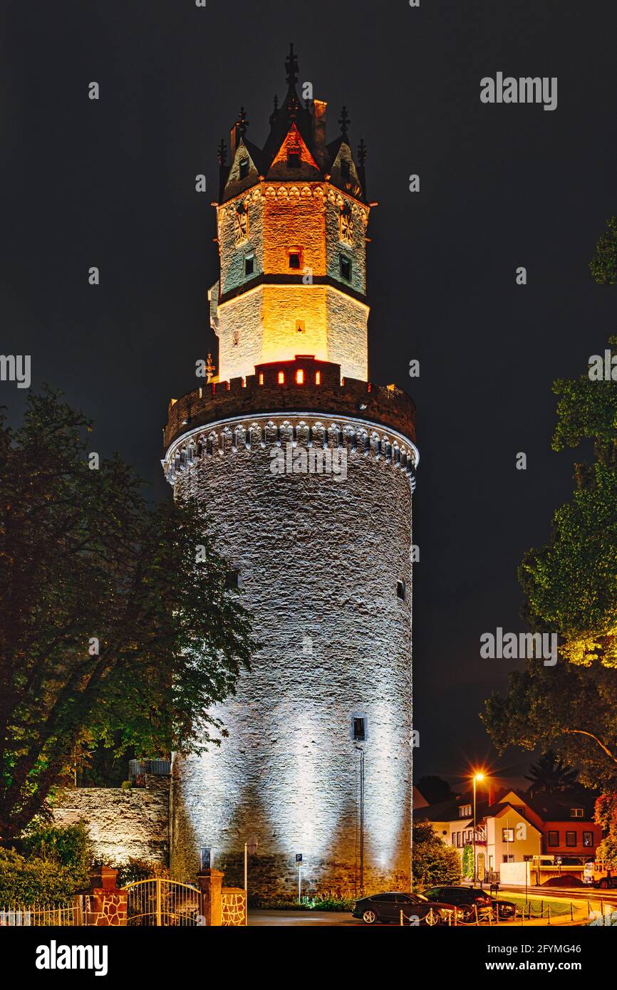 A view of the round tower in Andernach at night Stock Photo