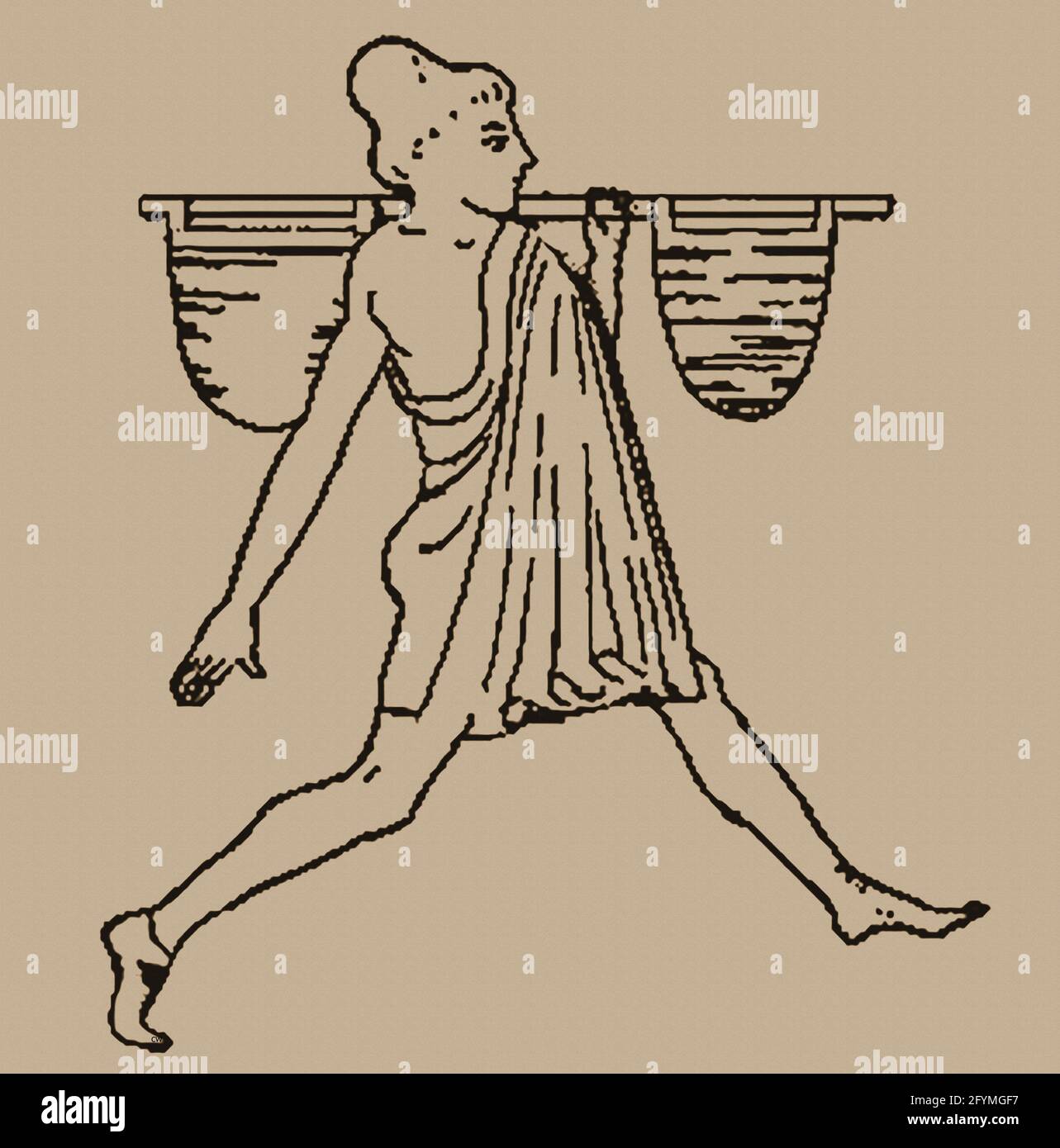 A 1914 illustration taken from an ancient Greek carving said to show a peasant or slave going to market but possibly showing a Greek water seller or  carrier . Slavery was an accepted practice in ancient Greece. The ancient Greeks had several words to indicate slaves depending on context (i.e. captured in war, employed servant, an adopted houseboy, farm labourer etc). The marrying of freemen and women and slaves was not uncommon, indicating a complex structure in their relationships and in the common perception of their place , individual status or situation  in society. Stock Photo