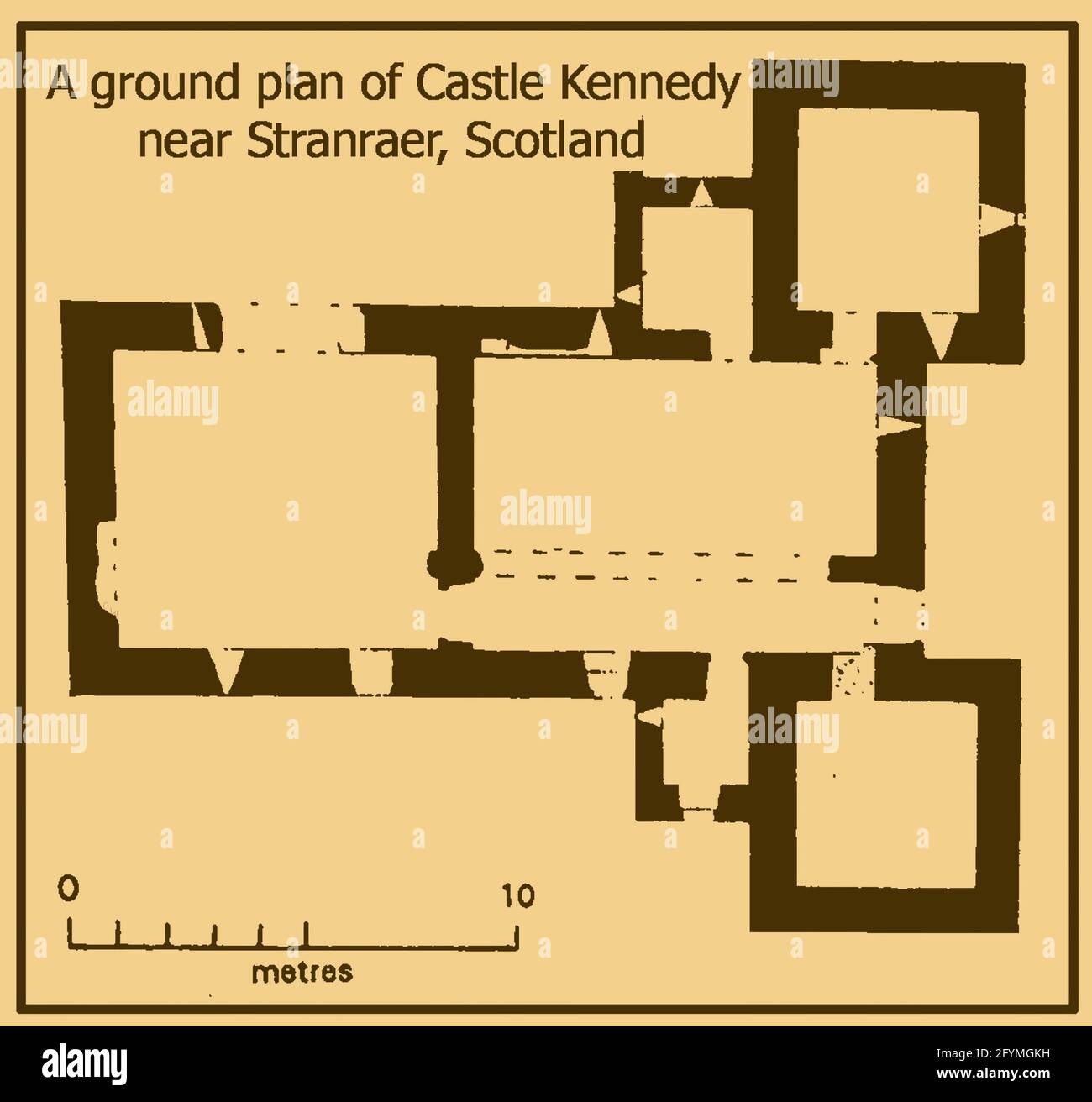 Castle Kennedy Gardens & Gardens, Dumfries & Galloway, Scotland in 2021 - A ground floor plan of  the ruined old castle  built in 1607 as a mansion house by the Earl of Cassilis, on the site of the original medieval castle. Bought by  Sir John Dalrymple, in 1677 it later became the home of the  Earl of Stair  but  was destroyed by fire in 1716 and never rebuilt. The  ancient scheduled monument, stands on the hill in the centre of the 'island' (isthmus) with   White and Black Lochs at each side. The medieval structure   was used for scenes in the original  British version of the Wickerman film. Stock Photo