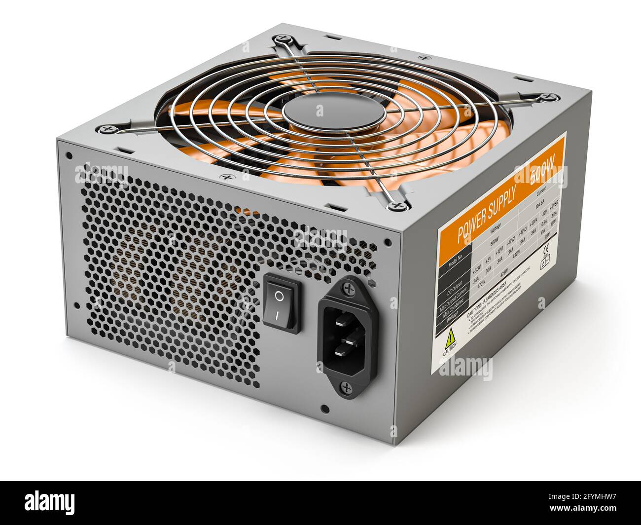 Computer AC power supply unit isolated on white, 3d illustration Stock