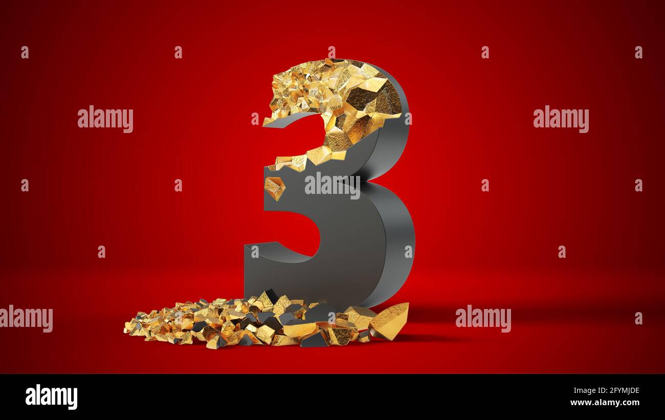 damaged black number 3 reveals gold inside. 3d illustration, suitable ...