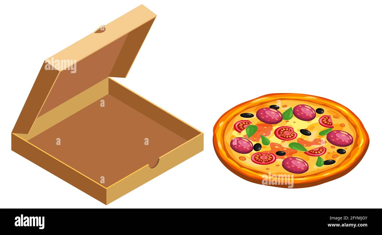 Pizza and box cardboard package open, isometric. Package template, delivery, flat design. Vector Stock Vector