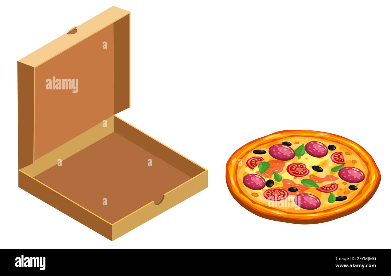 Pizza and box cardboard package open, isometric. Package template, delivery, flat design. Vector Stock Vector