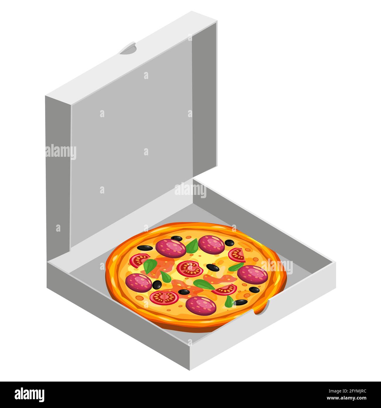 Pizza isometric in open white cardboard box. Package template, delivery, flat design. Vector Stock Vector