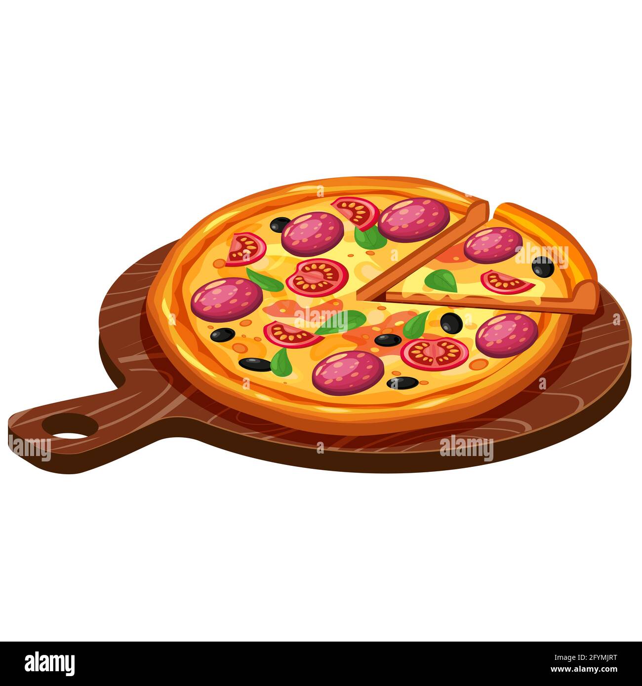 Pizza isometric with ingredients tomato, salami, cheese, mushrooms on woodern serving tray