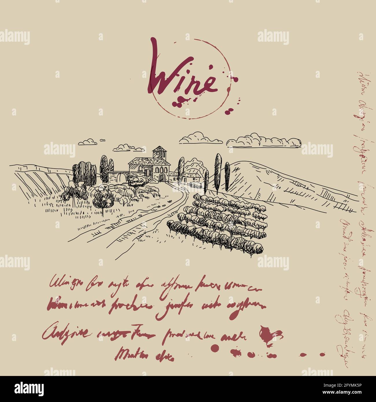 Vineyard landscape hand drawn scetch. Grapes vintage style, unreadable text. Vector illustration Stock Vector