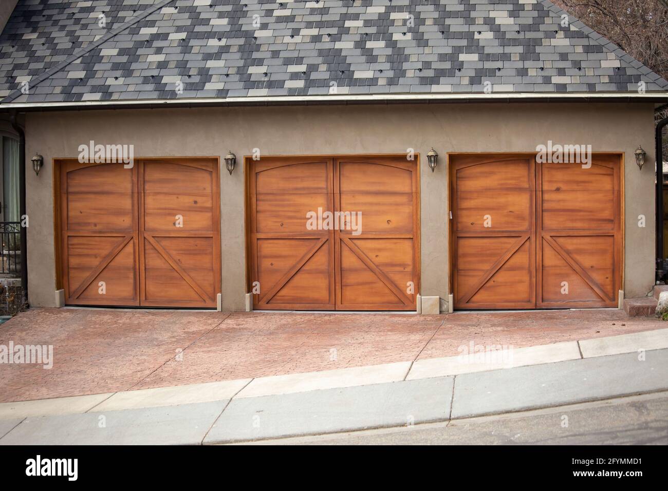 Garages with wooden gates Stock Photo Alamy