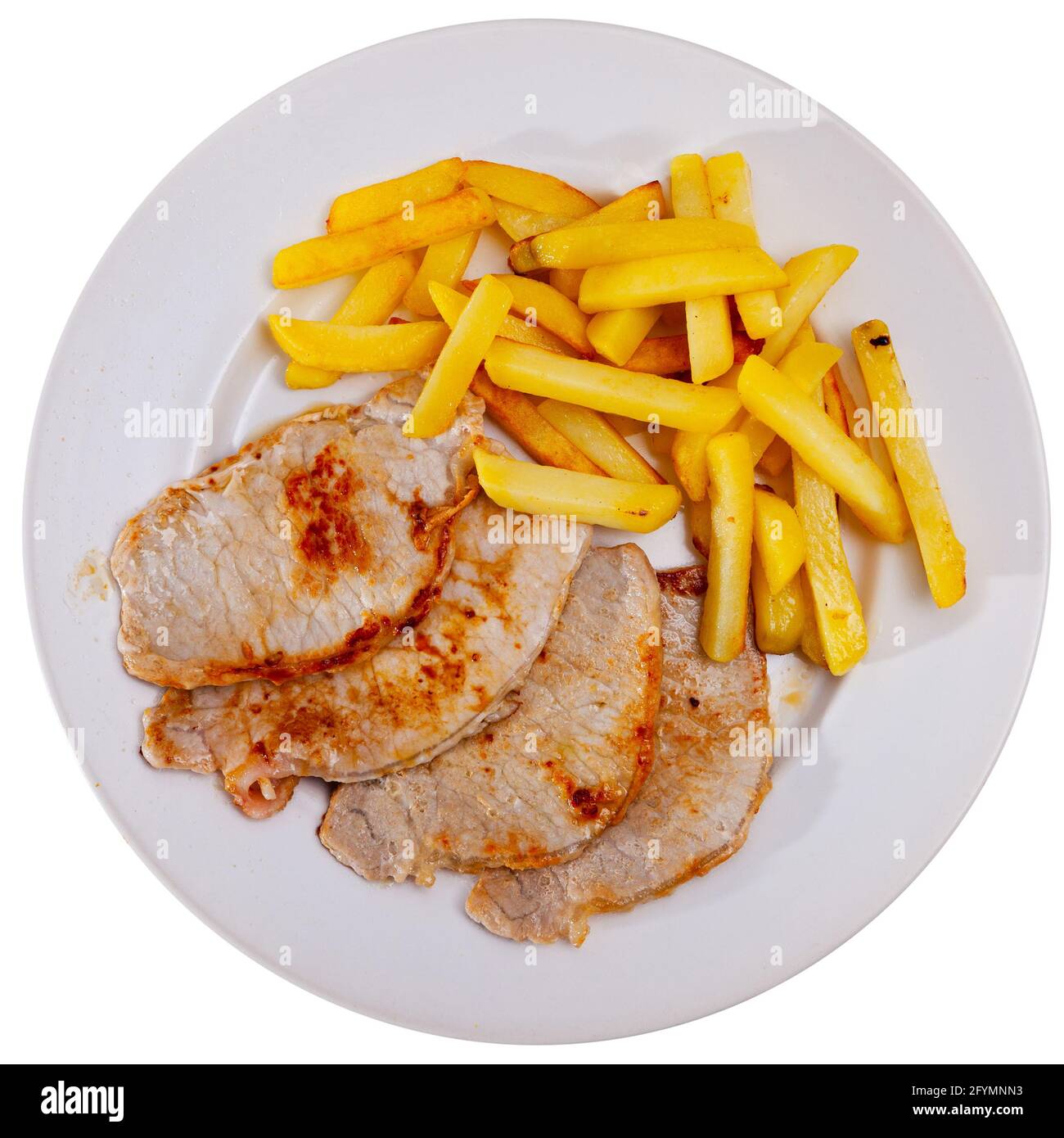 Roasted pork loin Lomo de cerdo con patata with potatoes fries on a ceramic plate. Isolated over white background Stock Photo