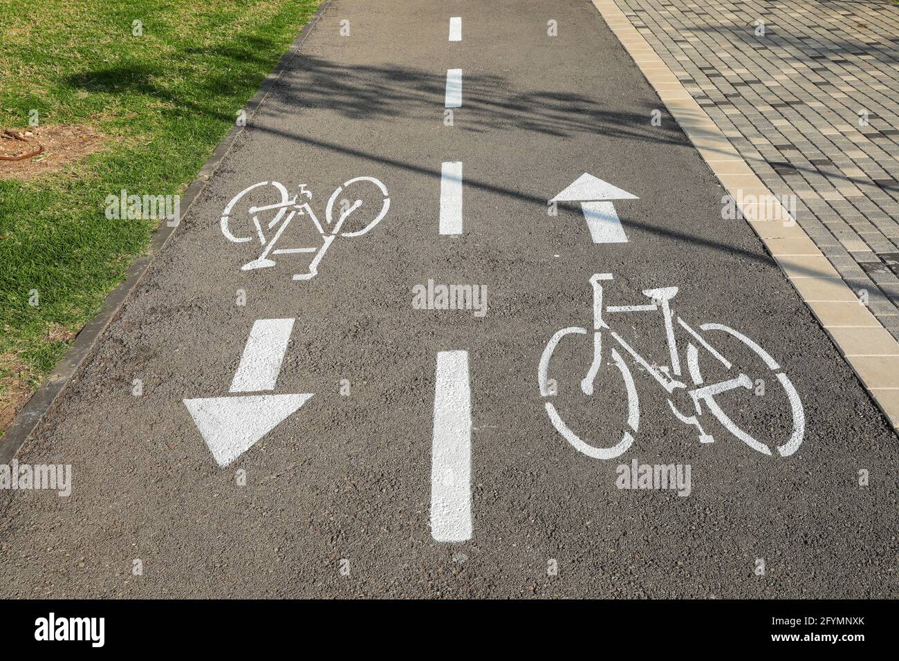 Bicycle path. Bicycle lane sign on a road. Stock Photo
