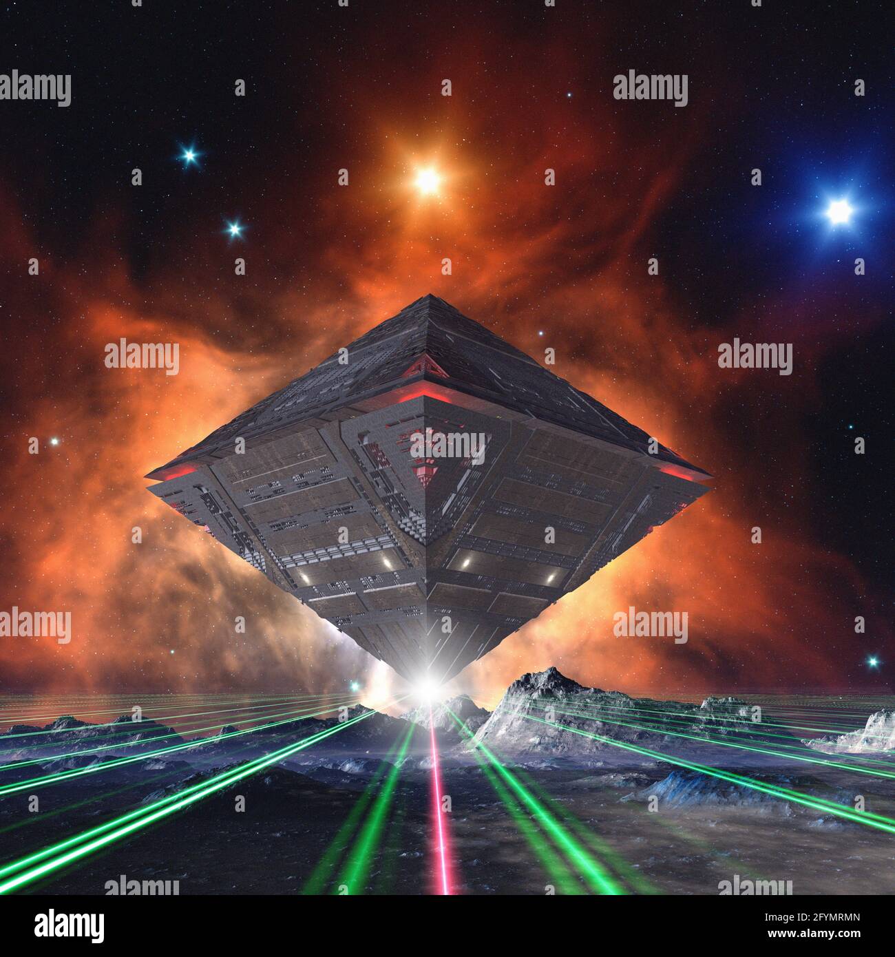 Spaceship firing on alien planet, illustration Stock Photo - Alamy