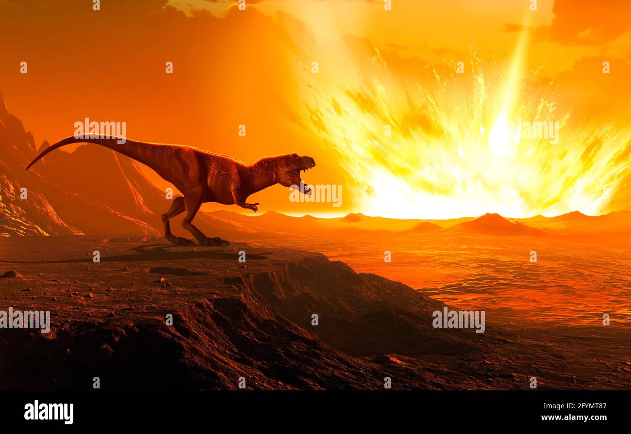 Tyrannosaurus observing asteroid impact, illustration Stock Photo