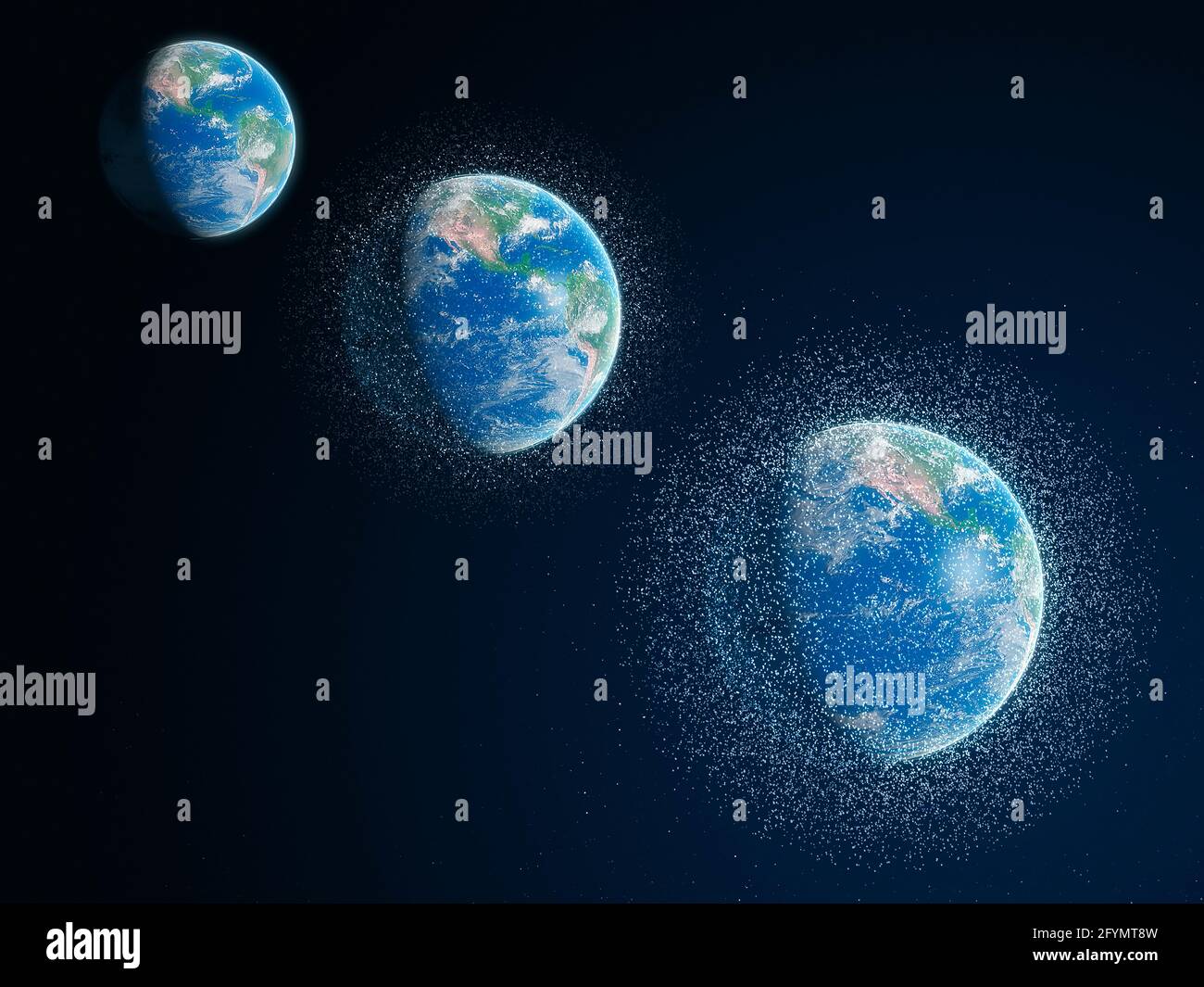 Space junk over time, illustration Stock Photo