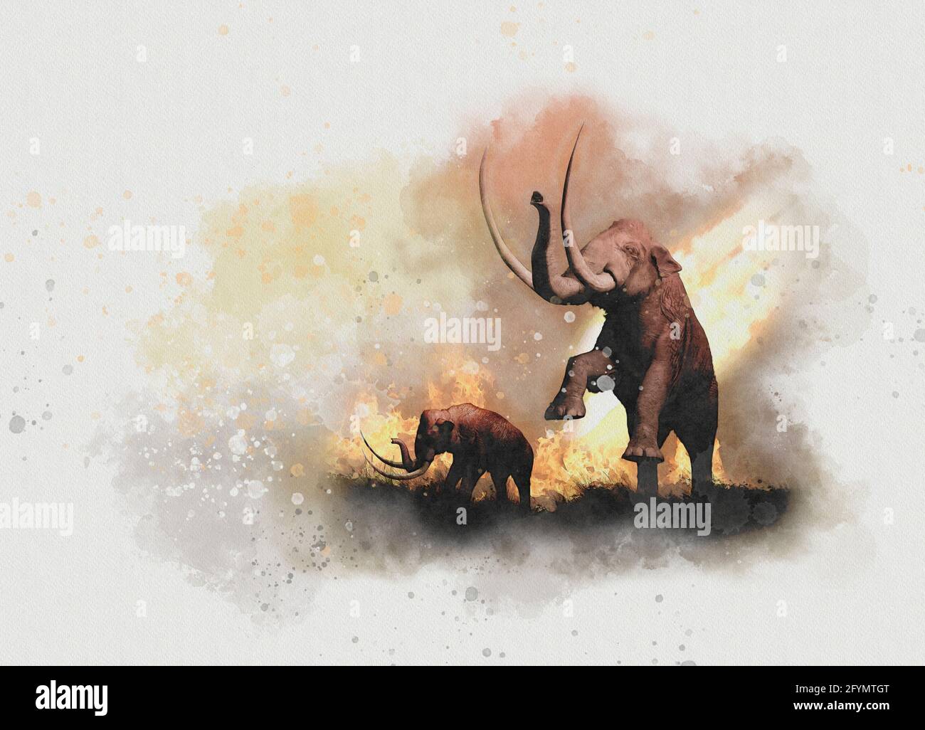 Woolly mammoths and meteor, illustration Stock Photo