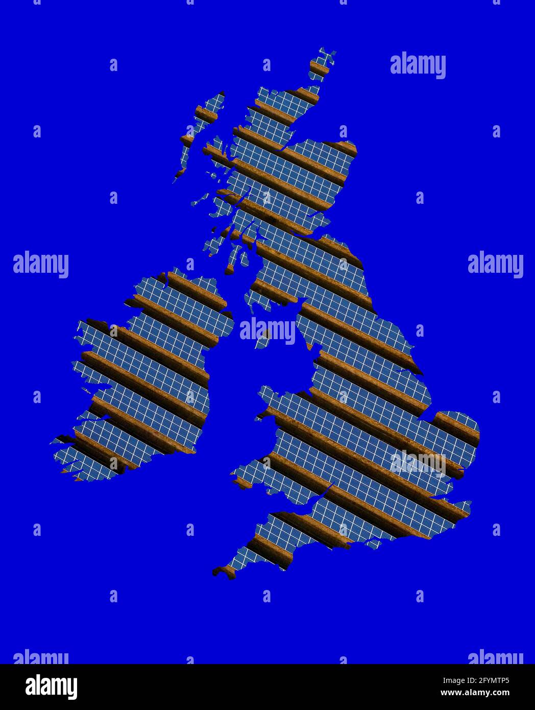 Rows of solar panels inside map of the UK, composite image Stock Photo
