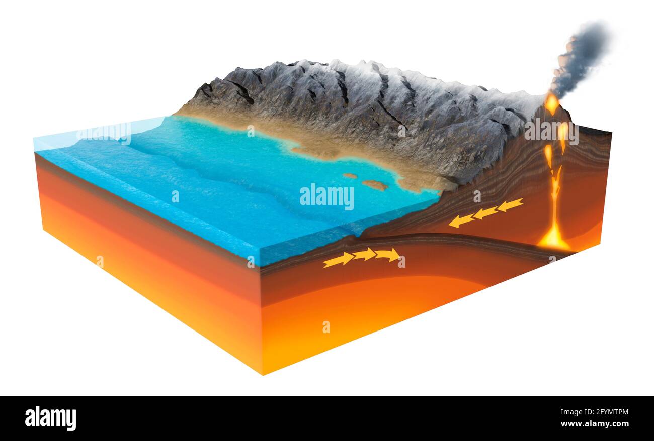 Convergent tectonic plate boundary, illustration Stock Photo
