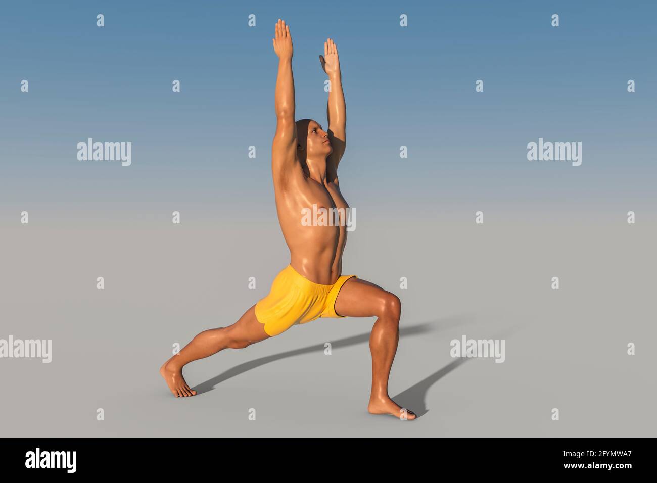 Full length barefoot male in sportswear practicing to do Warrior pose  preparing body to elements of asana while standing alone - Stock Image -  Everypixel