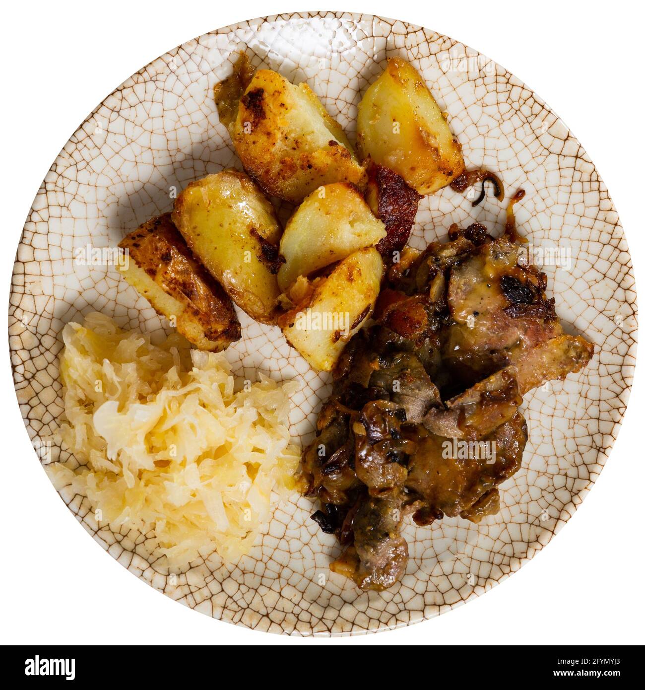 Appetizing fried rabbit liver with potatoes and grated vegetables ...