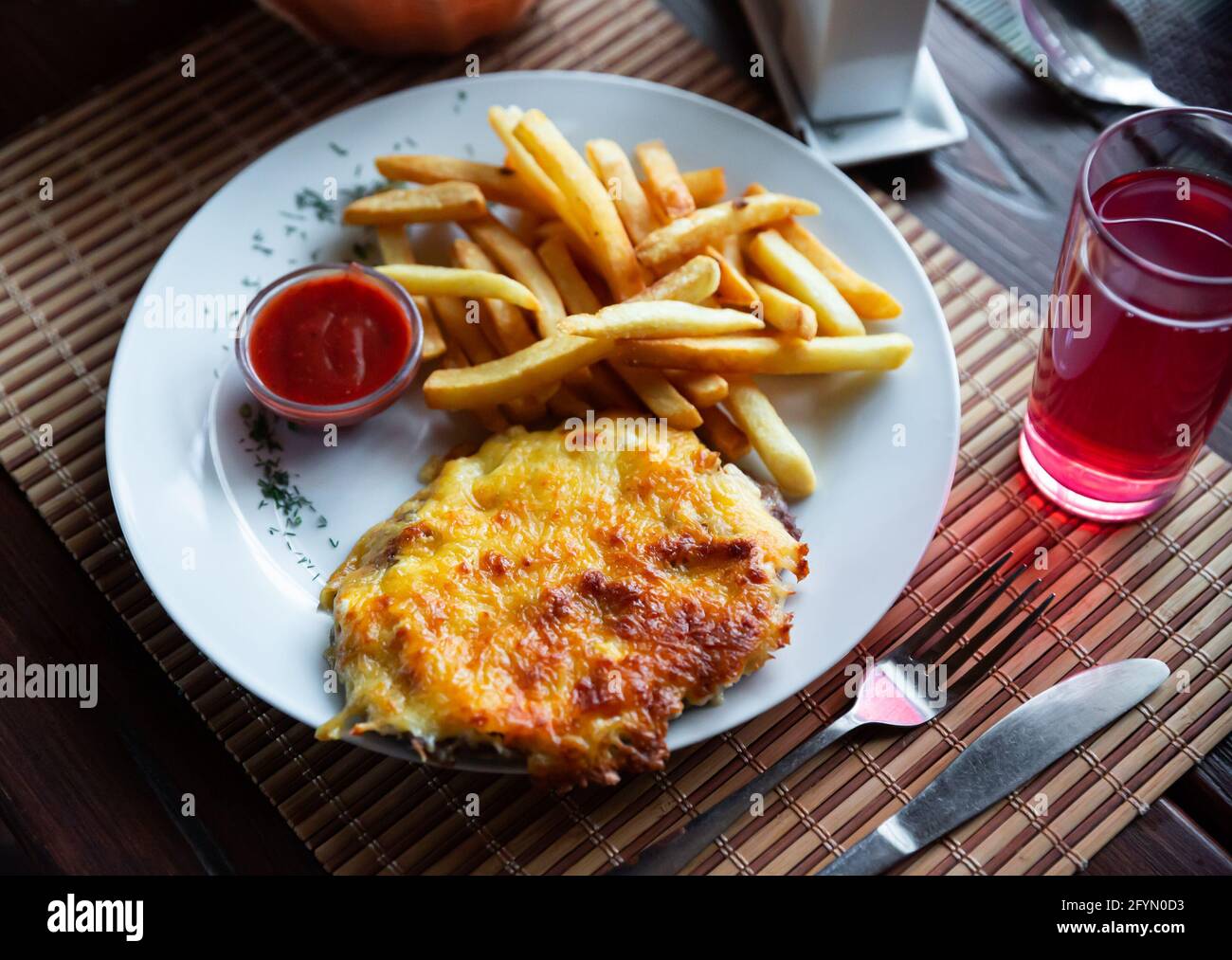 Traditional Russian meat dish Veal Orloff with melted cheese crust