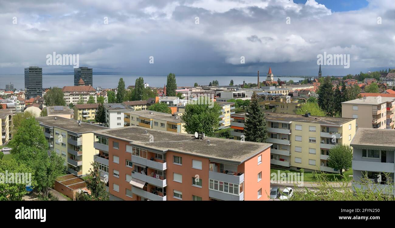 Rorschach, Switzerland - April 28, 2019: Panoramic view of the Swiss town of Rorschach on the south bank of Lake Constance, with approx. 35000 inhabit Stock Photo