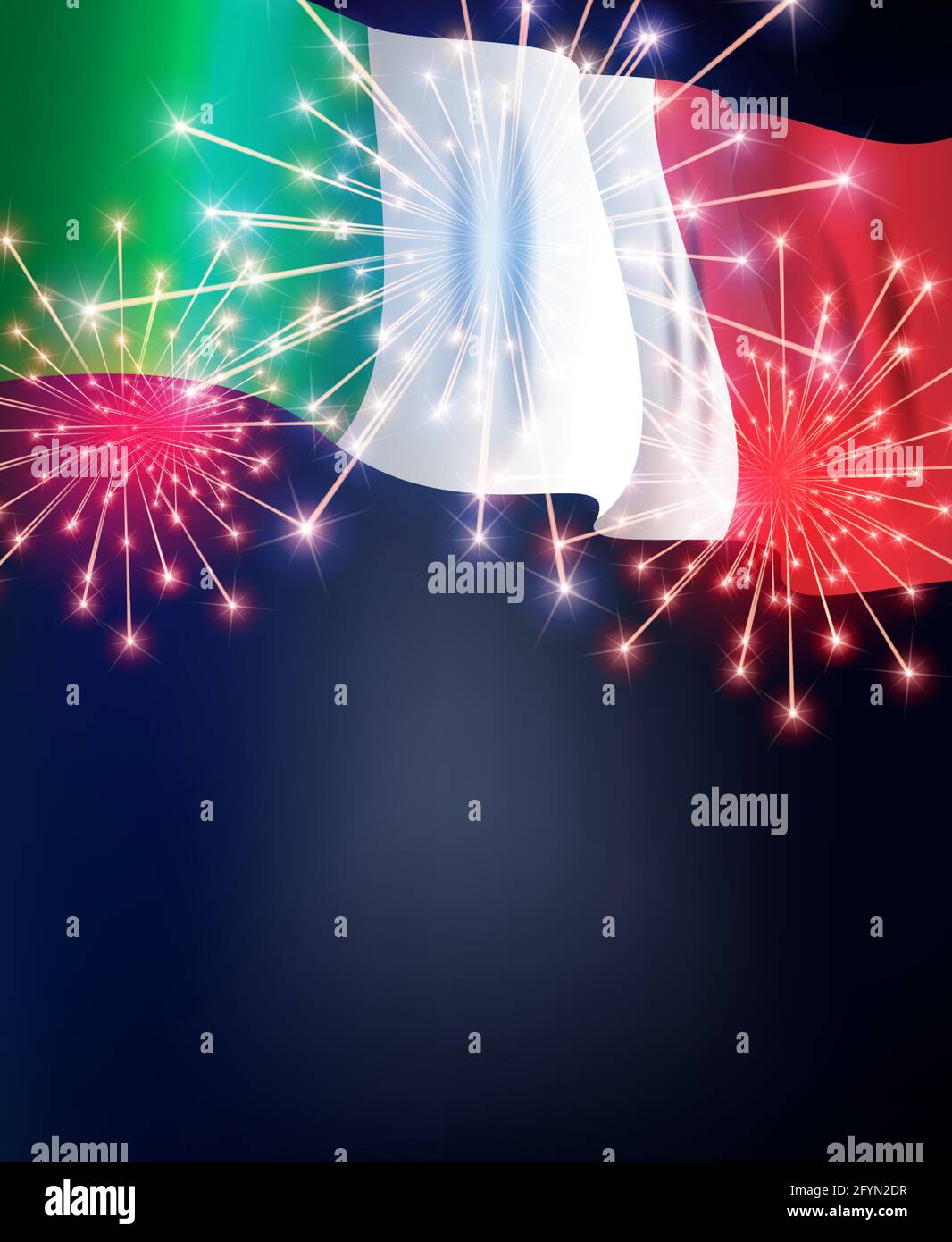 Flag of Italy on the background of the holiday, victory, fireworks