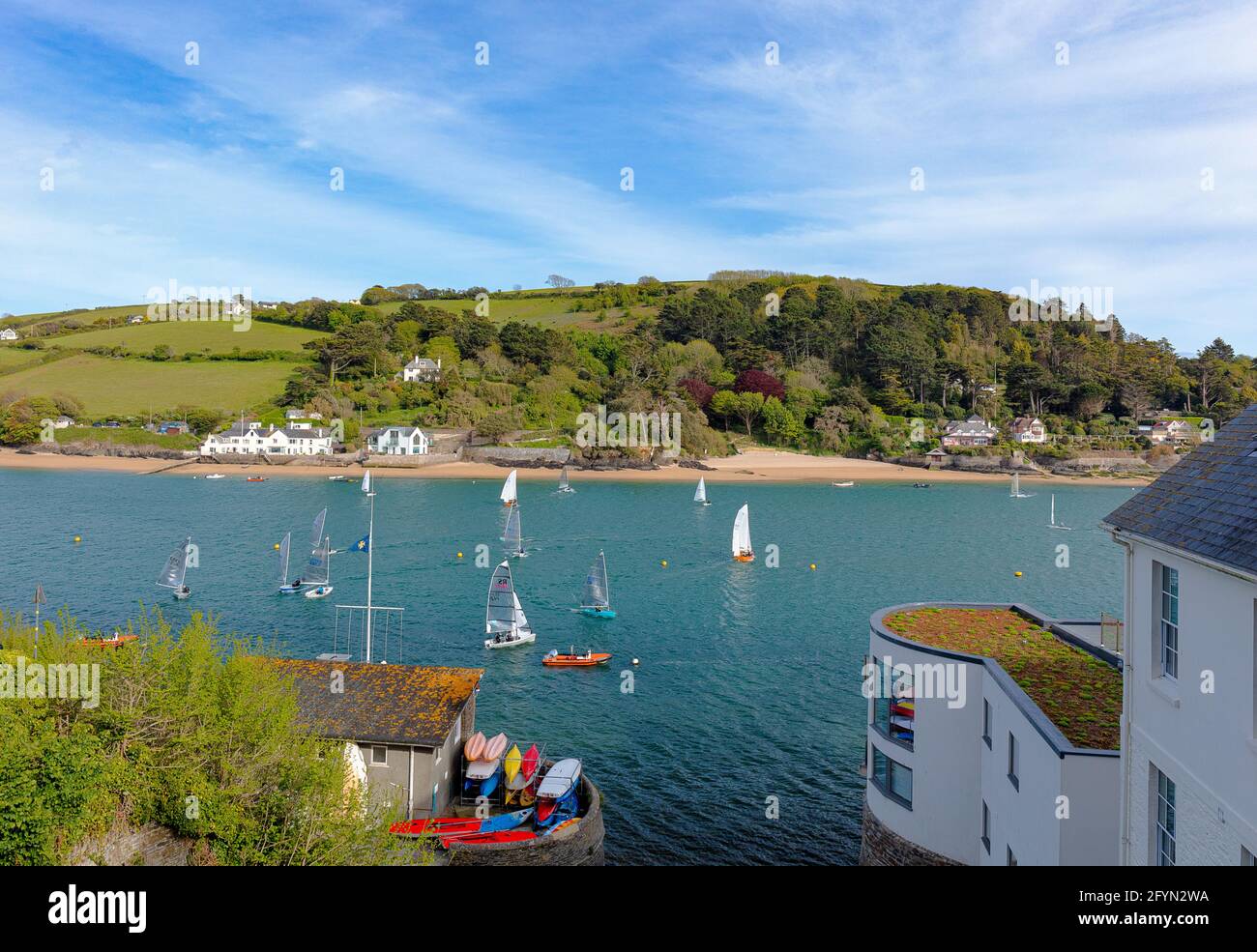 Sailing Dinghies on the estuary at the start of a race, Salcombe. South Devon, England Stock Photo