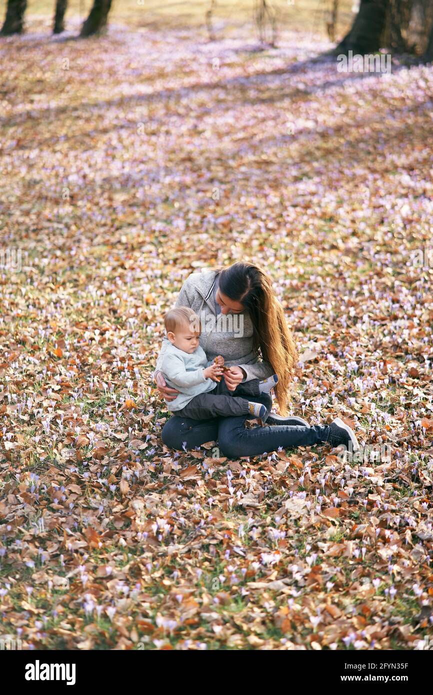 Mom sits on fallen leaves in the park and holds a baby with a rattle on her  lap, bending over him Stock Photo - Alamy