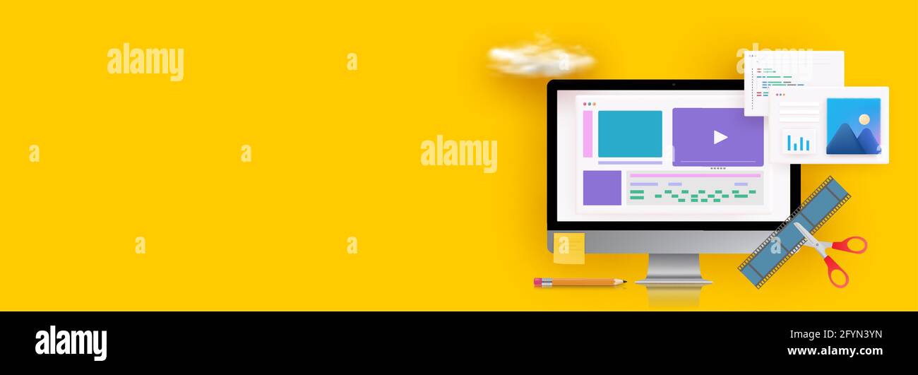 Workplace of sound and video editor interface software application on computer monitor. recording and editing process with wave digital display and Stock Vector
