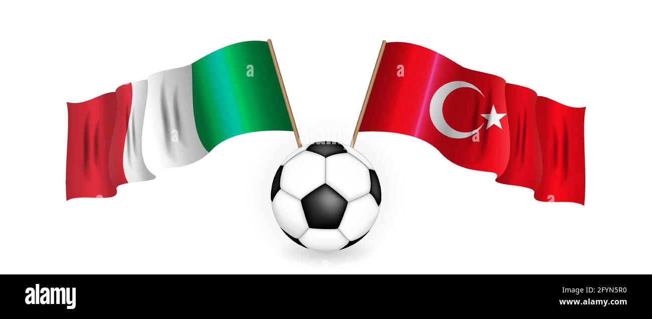 Soccer ball against the background of two crossed flags of Turkey and