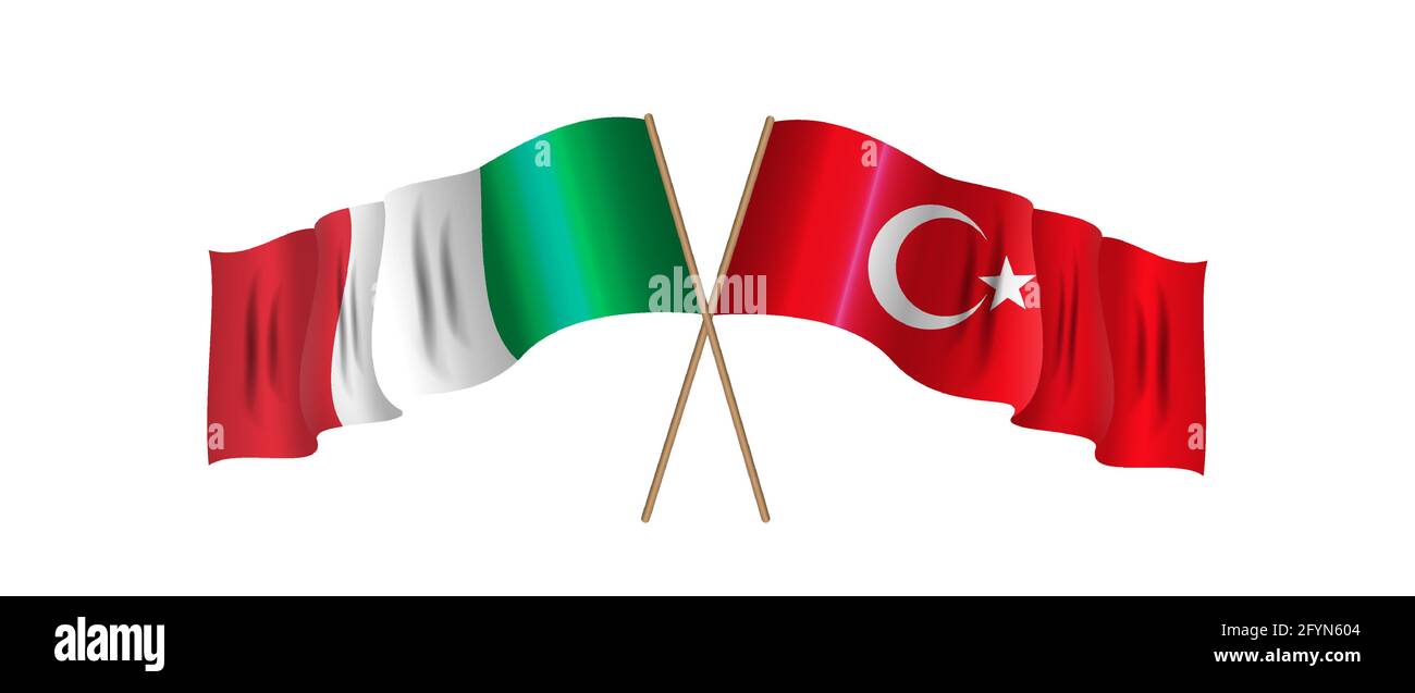 Two crossed flags of Turkey and Italy. Business, tourist, international relations concept. Vector Illustration Stock Vector