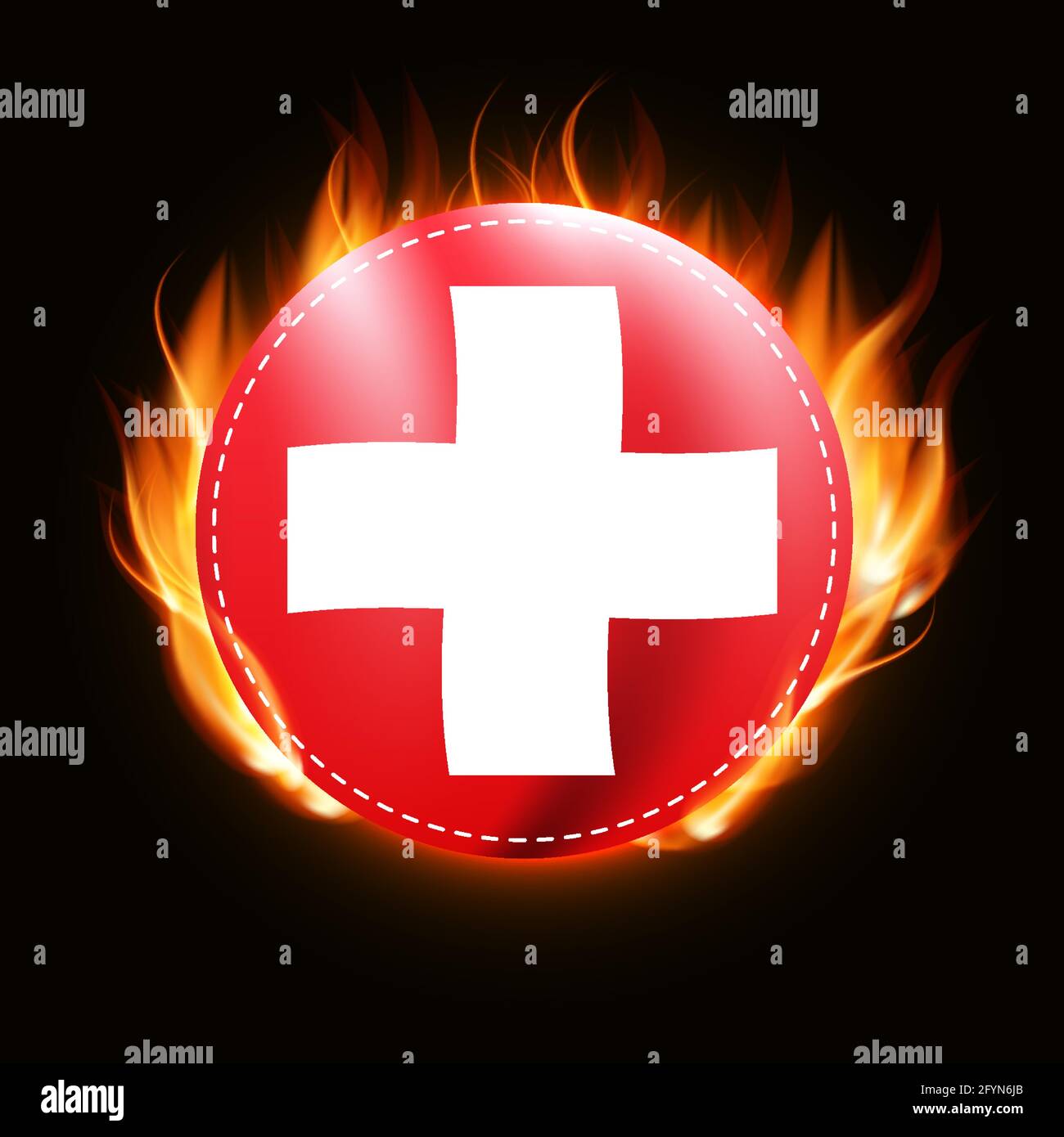 Switzerland flag on fire background. Country emblem. Vector Illustration Stock Vector