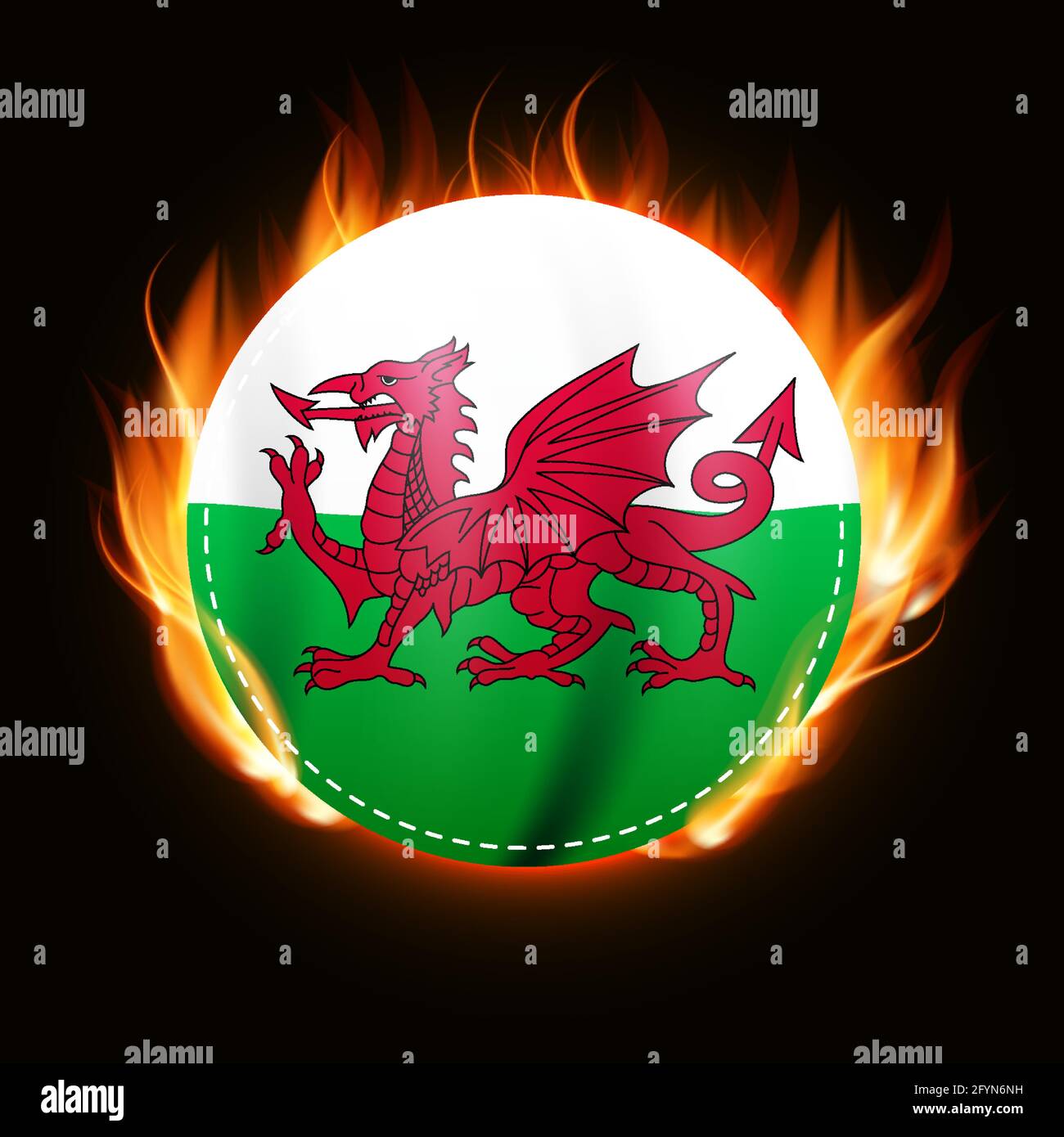 Wales flag on fire background. Country emblem. Vector Illustration Stock Vector