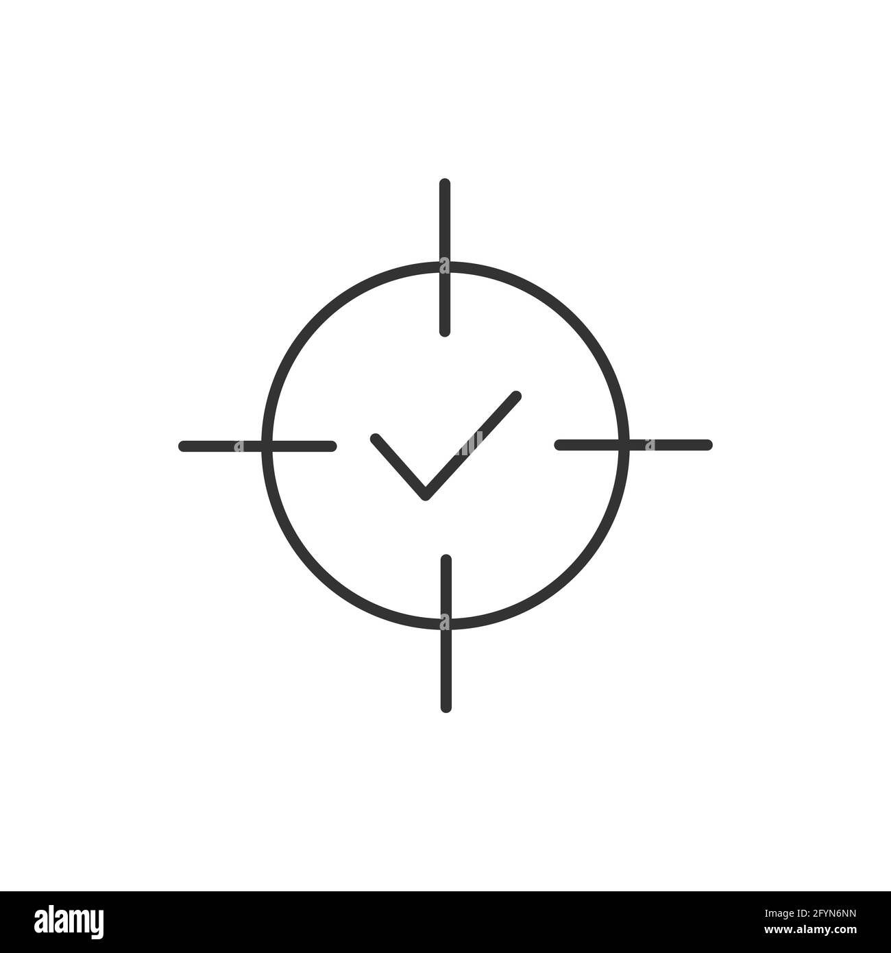 Crosshair with check mark line icon. Goal reached symbol. Target review outline concept. Confirmed pictogram Stock Vector
