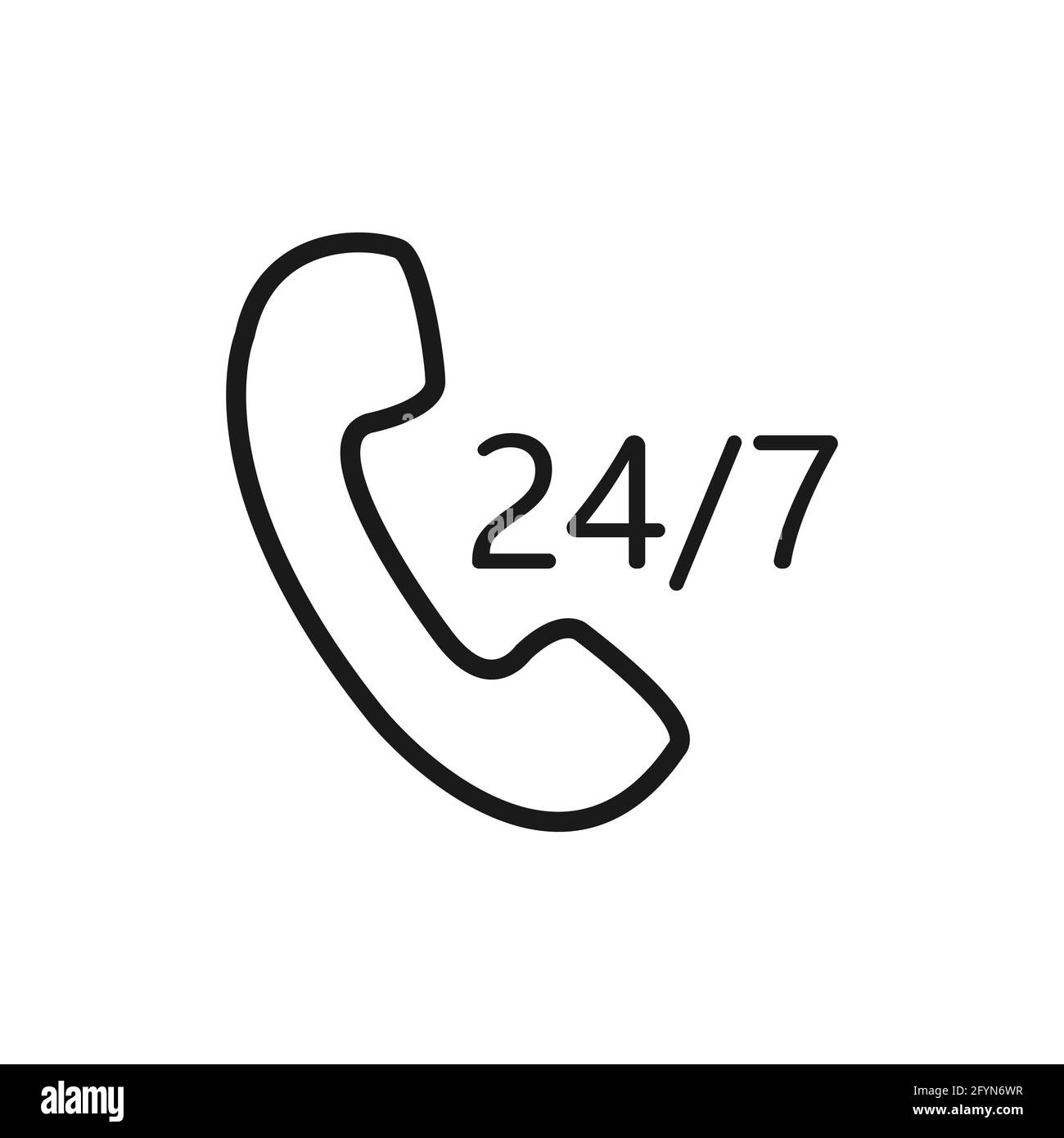 Call icon. Phone 24 hours and 7 days service. Black contour of handset old symbol. Vector isolated on white background. Stock Vector