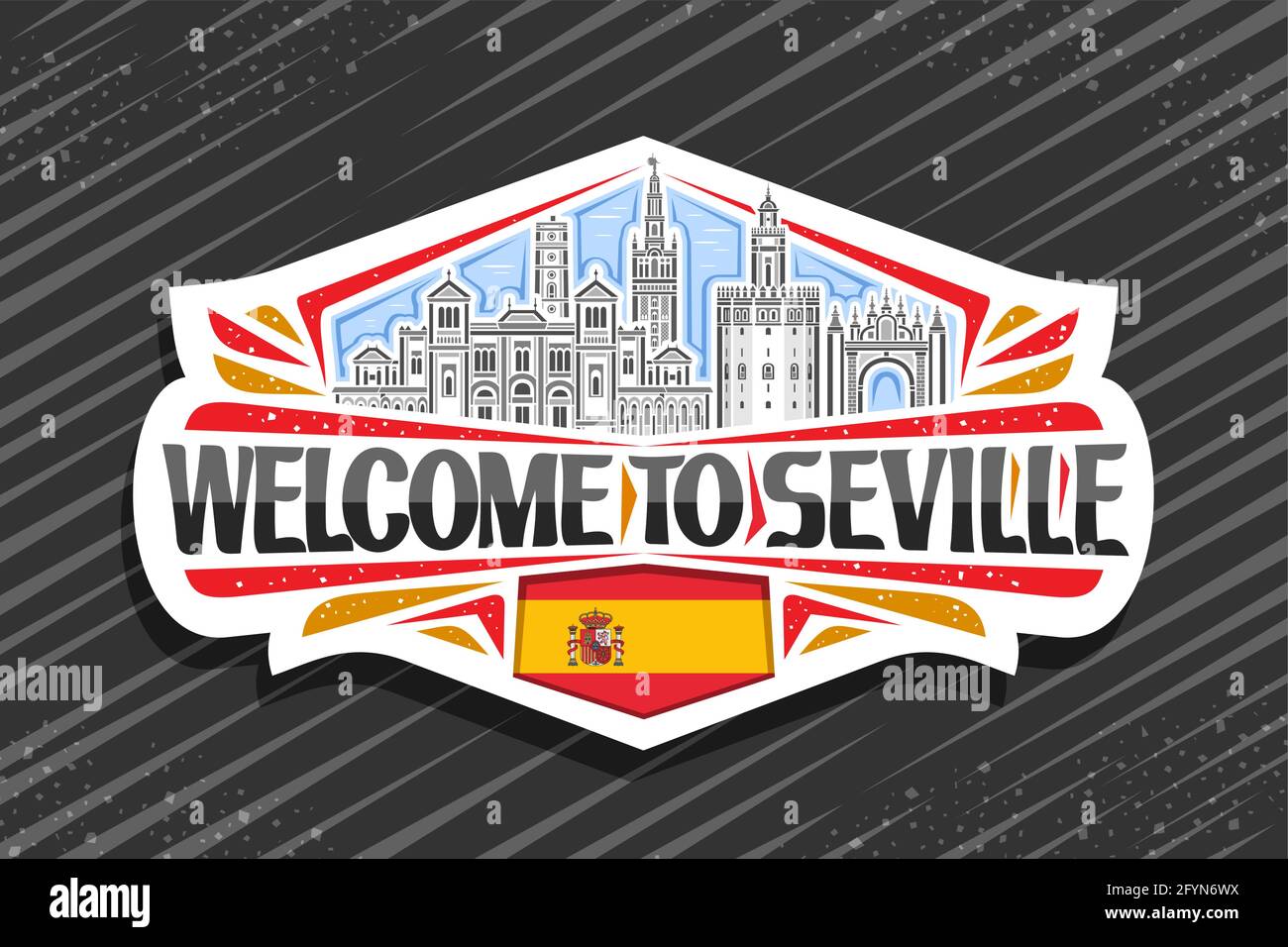 Vector logo for Seville, white decorative sign with illustration of seville city scape on day sky background, art design fridge magnet with unique bru Stock Vector