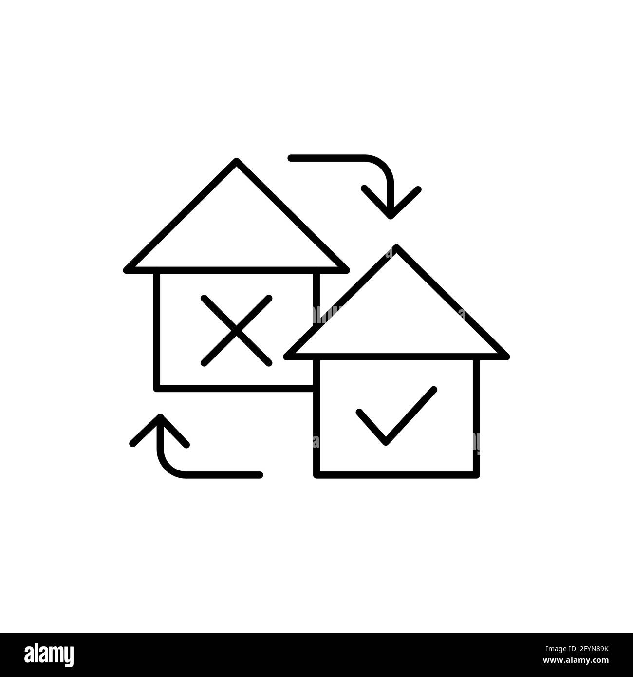 House with check mark Yes and No icon. Mortgage linear sign. Approval and rejection apartment symbol. Stock Vector