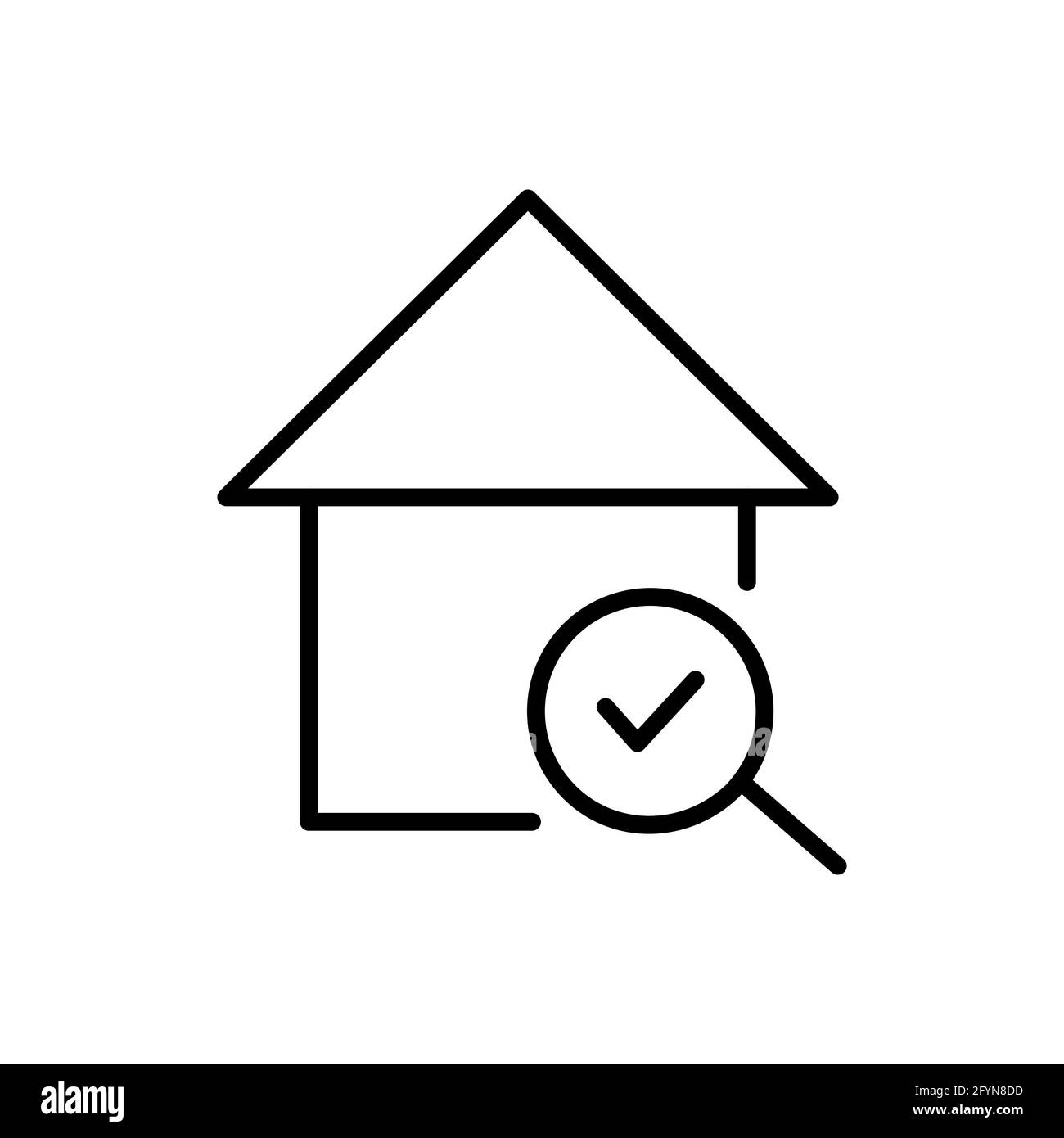 House with check mark icon. Realtor magnifier pictogram. Accept house with magnify glass outline symbol Stock Vector