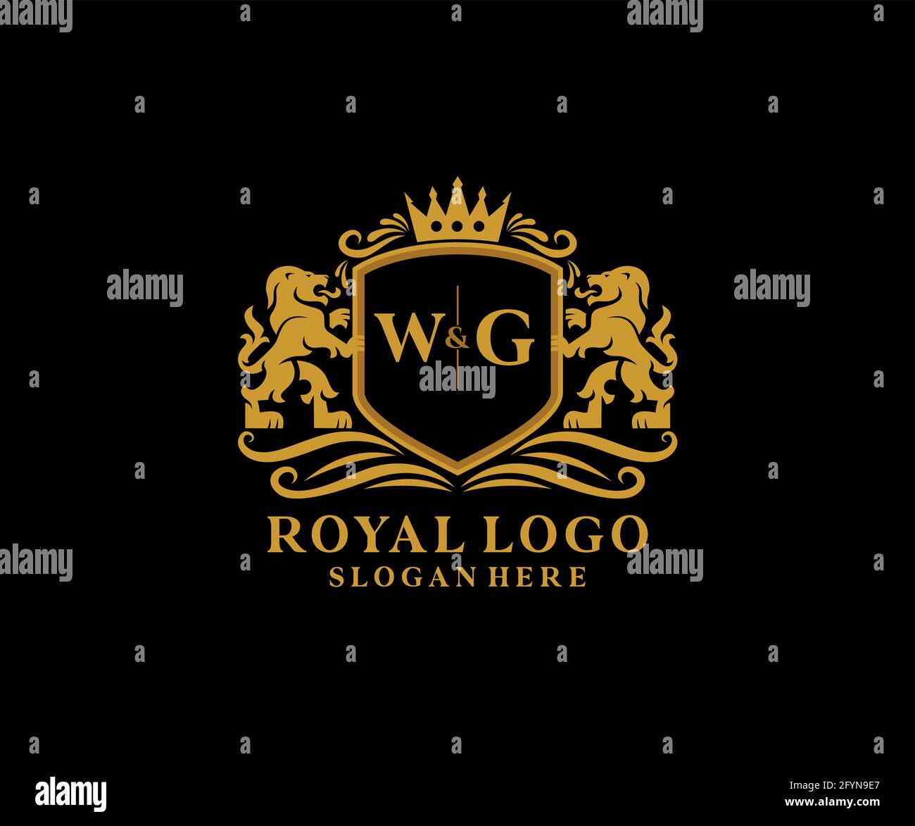 WG Letter Lion Royal Luxury Logo template in vector art for Restaurant, Royalty, Boutique, Cafe, Hotel, Heraldic, Jewelry, Fashion and other vector il Stock Vector