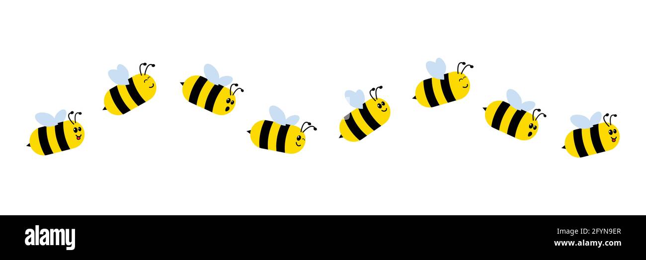 Cute bee character with emotions. Line of flying cute bees. Vector illustration isolated on white Stock Vector